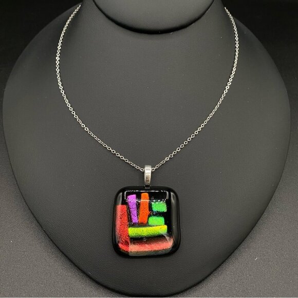 Eccentric Art Glass Neon Colored Square Pendant Necklace - Picture 6 of 8